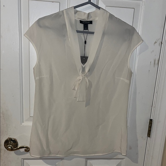 ST JOHN Ivory Tie-Neck Blouse women’s size 10 - Picture 1 of 6